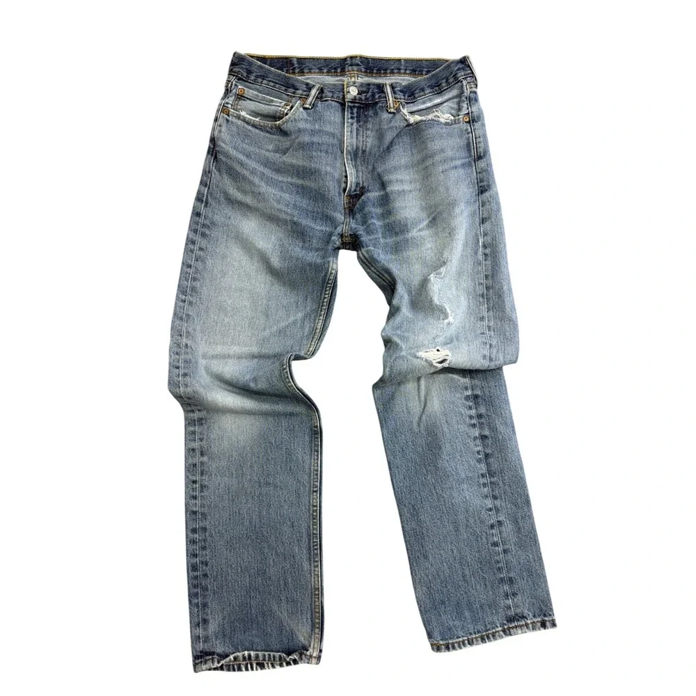 Levis 505 Regular Fit Straight Leg Jeans Light Wash Blue Distressed Mens 36x34